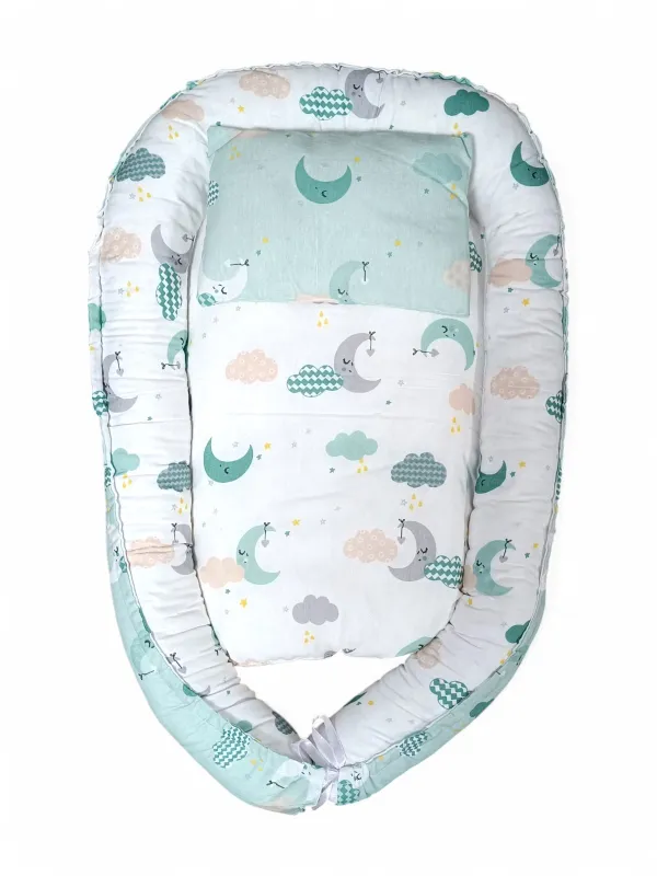 Baby Nest cu pernuta, bumbac hipoalergenic, verde/alb