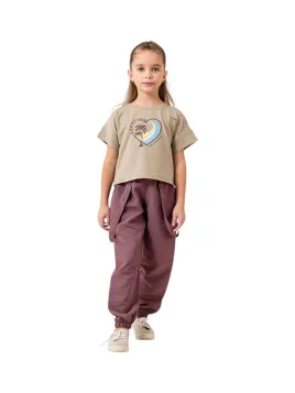 Compleu de vara fete-pantaloni bretele, kaki/maro