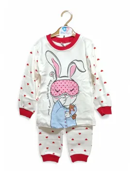 Pijama Fetite, imprimeu cu IEPURAS, alb/rosu
