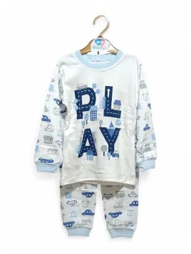 Pijama baieti, imprimeu PLAY, bumbac, alb/albastru