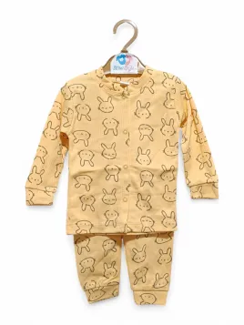 Pijama copii, bluza capse, imprimeu iepurasi, galben