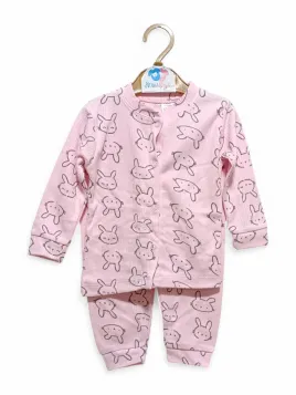 Pijama copii, bluza capse, imprimeu iepurasi, roz
