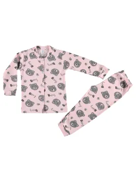 Pijama fetite, bluza cu capse, imprimeu ursuleti, roz