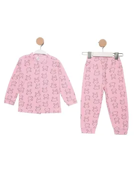 Pijama fetite, bluza capse, imprimeu iepurasi, roz