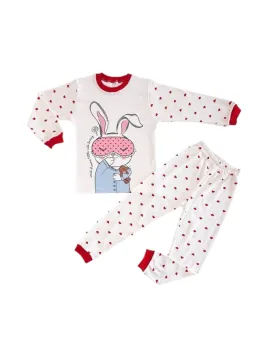 Pijama Fetite, imprimeu cu IEPURAS, alb/rosu