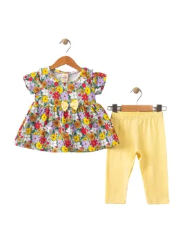 Compleu vara bebe fetite, tricou flori, pantaloni galbeni