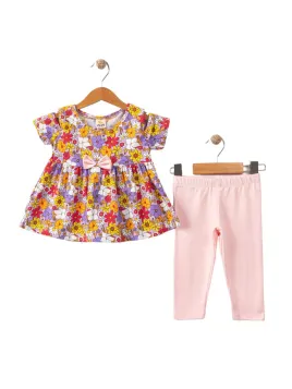Compleu vara bebe fetite, tricou flori, pantaloni roz