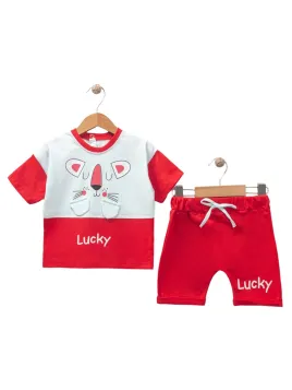 Compleu vara bebelusi, imprimeu LUCKY, rosu/bleu