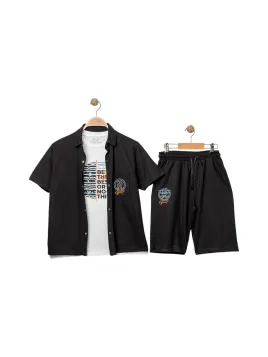 Set de vara baieti, camasa, tricou, pantaloni scurti, negru